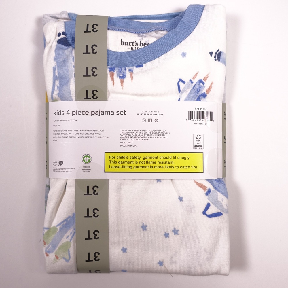 Burts Bees Baby Kids 4 Piece Pajama Set 3T Organic Cotton Space Planets Blue - Picture 3 of 4